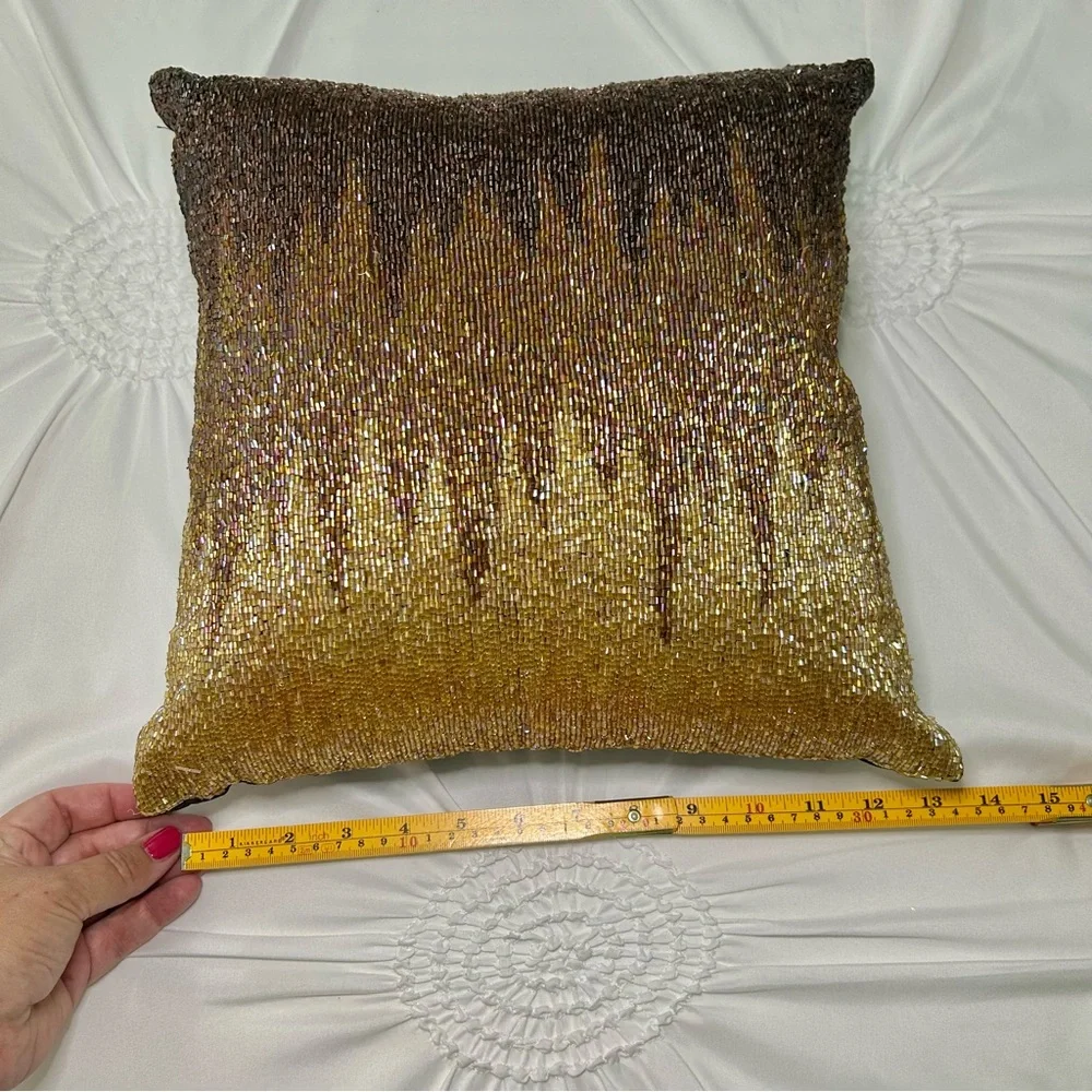 Pier 1 Gold & Brown Beaded Decorative Pillow 12x12